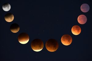 Phases of the blood-red moon shown as 10 stages arranged in a semi-circle, with a black background containing a few dim stars.